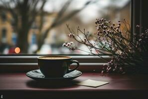 ai generiert ein Kaffee Tasse und Hinweis auf das Fenster Schwelle foto