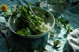 ai generiert ein Gericht gemacht mit Löwenzahn Salat auf ein Blau Tischdecke foto