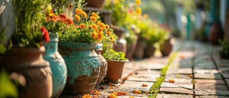 ai generiert ein Garten mit Töpfe und Blumen foto