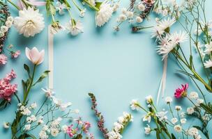 ai generiert ein Rahmen von Papier umgeben durch Blumen und Blumen foto