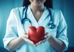 ai generiert ein Krankenschwester halten ein Herz mit ein Stethoskop im Vorderseite foto