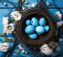 ai generiert ein Nest mit Blau Eier und Blumen im Blau auf Weiß Holz foto