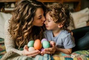 ai generiert ein Mutter und Sohn küssen halten Ostern Eier foto