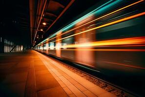 ai generiert ein schön lange Exposition von ein Zug Vorbeigehen durch beim das unter Tage Bahnhof foto