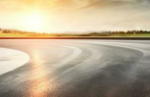 ai generiert Asphalt Autobahn mit schön Aussicht von Sonnenuntergang und Wolken foto