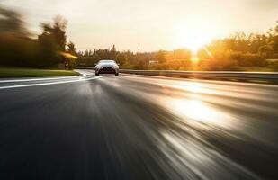 ai generiert Asphalt Autobahn mit schön Aussicht von Sonnenuntergang und Wolken foto