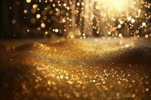 ai generiert golden funkeln Bokeh Beleuchtung Textur verschwommen abstrakt Hintergrund zum Geburtstag, Jubiläum, Hochzeit, Neu Jahr Vorabend oder Weihnachten. foto