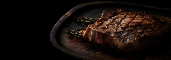 ai generiert ein Steak auf ein Schneiden Tafel mit Kräuter und Gewürze foto