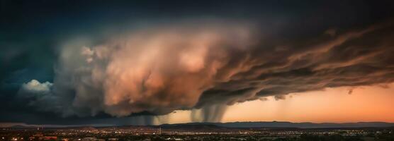 ai generiert Gewitterwolken auf ein Epos dramatisch stürmisch Himmel mit Blitz blitzt Über das Stadt foto