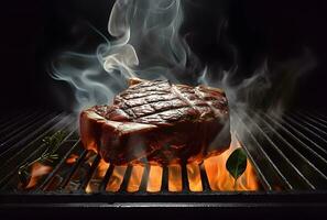 ai generiert Grill trocken alt wagyu Porterhouse Rindfleisch Steak gegrillt wie Nahansicht auf ein Holzkohle Grill mit Feuer und Rauch foto