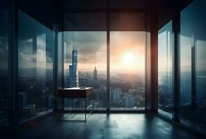 ai generiert Büro Gebäude Glas und Stadt Horizont. leeren modern Büro Hintergrund im Stadt Center foto