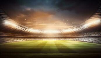 ai generiert Fußball Fußball Feld Stadion Arena Feld Nacht Licht Gras. Beleuchtung beim Nacht und Fußball Stadion foto