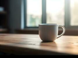 ai generiert Kaffee Tasse auf hölzern Tabelle im das Morgen mit Gold Licht Gefühl warm foto