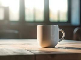 ai generiert Kaffee Tasse auf hölzern Tabelle im das Morgen mit Gold Licht Gefühl warm foto