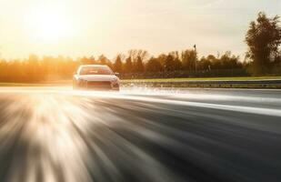 ai generiert Asphalt Autobahn mit schön Aussicht von Sonnenuntergang und Wolken foto