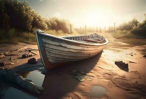 ai generiert Sonnenuntergang Über das Meer, Angeln Boot auf das Strand foto