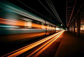 ai generiert ein schön lange Exposition von ein Zug Vorbeigehen durch beim das unter Tage Bahnhof foto