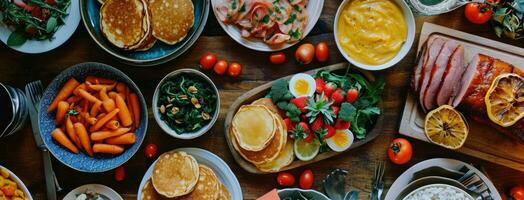 ai generiert ein Tabelle von Ostern Essen, einschließlich Schinken, Pfannkuchen foto