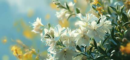 ai generiert ein Weiß Blume Strauß im Vorderseite von Blau Himmel foto