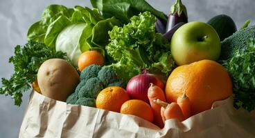 ai generiert ein Papier Tasche ausgestopft mit Obst und Gemüse auf ein Weiß Oberfläche foto