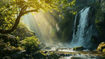 ai generiert ein Wald auf ein Wasserfall foto