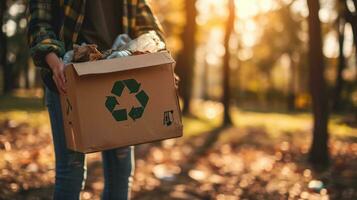 ai generiert ein jung Person halten ein Box mit ein Plastik Recycling Logo im das Park foto