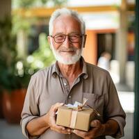 ai generiert ein Alten gut aussehend Mann steht im ein Zimmer und hält ein Geschenk von umweltfreundlich Verpackung im seine Hände foto