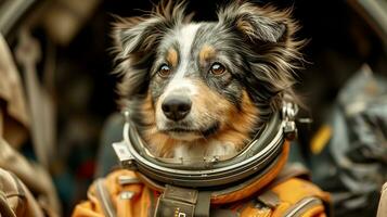 ai generiert das Hund ist ein Astronaut, Nahaufnahme, selektiv Fokus foto
