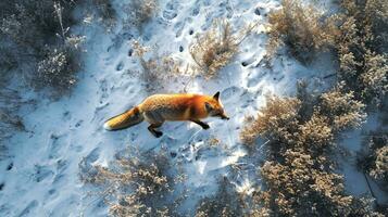 ai generiert oben Sicht, ein Fuchs Spaziergänge durch ein schneebedeckt Feld, Laptop Hintergrund, Sanft Fokus foto