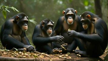 ai generiert ein Foto wo ein Gruppe von Schimpansen ist beteiligt im Pflege Aktivitäten, betonen das Sozial Aspekt