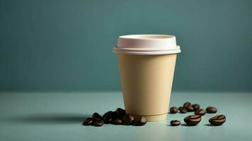 ai generiert Kaffee Ästhetik, Einfachheit regiert höchste. Vitrine Ihre Fotografie Kompetenzen durch Erfassen das locken von ein Kaffee Papier Tasse gegen ein Hintergrund von ein solide Farbe foto