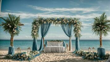 ai generiert Strand Hochzeit Hintergrund perfekt Mischung von das Blau Himmel Ozean Wellen und romantisch Hochzeit Dekor foto