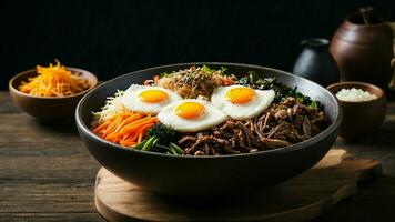 ai generiert visuell Erzählung durch Platzierung ein Teller von bibimbap auf ein dunkel hölzern Tabelle erkunden das Nebeneinander von das Gericht gegen das rustikal Hintergrund zu vermitteln ein Sinn von Authentizität und Komfort foto