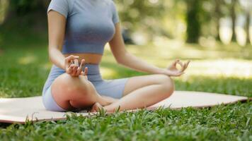 Porträt von jung Frau üben Yoga im garten.weiblich Glück. im das Park verschwommen Hintergrund. foto