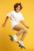 ai generiert Teenager Junge Skateboarding auf Gelb Hintergrund. foto