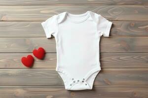 ai generiert Weiß Baby Bodysuit mit rot Herzen auf ein hölzern Hintergrund. foto