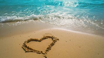 ai generiert ein Herz gezeichnet im das Sand auf das Ufer von das Meer. foto