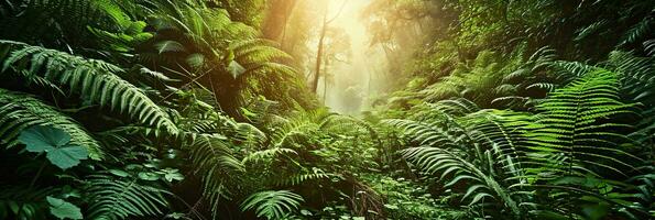 ai generiert ein tropisch Regen Wald mit Farne und Sonnenlicht. foto