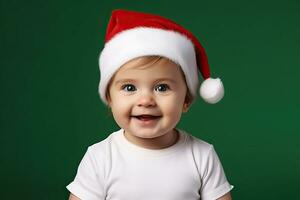 ai generiert Porträt von ein süß Baby tragen ein Santa claus Hut auf ein Grün Hintergrund. Baby T-Shirt Attrappe, Lehrmodell, Simulation. foto