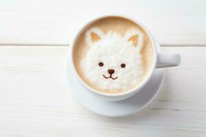 ai generiert schließen oben von ein Kaffee Tasse mit ein Hund geformt Latté Kunst. foto