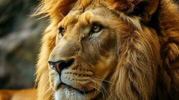 ai generiert Porträt von ein Löwe im das wild, Nahansicht. foto