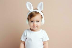 ai generiert süß wenig Mädchen mit Hase Ohren Hören zu Musik- im Kopfhörer auf ein Beige Hintergrund. foto