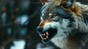 ai generiert Porträt von ein Wolf im das Wald. Nahansicht. foto