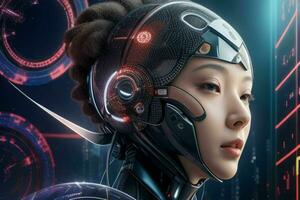 ai generiert Cyborg Frau. künstlich Intelligenz modern Technologie Hintergrund. Profi Foto