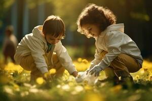 ai generiert generativ ai Bild von Welt Umgebung Tag mit Kinder sauber oben Müll im das Park foto