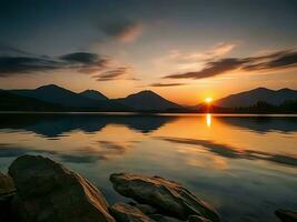 ai generiert Aussicht von das Sonne Rahmen mit es ist Betrachtung auf das Wasser Oberfläche foto