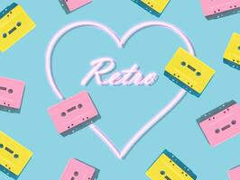 Muster von retro Rosa und Gelb Audio- Kassette Bänder mit Rosa Neon- Herz auf Blau Hintergrund. kreativ Konzept von retro Technologie. 80er Jahre ästhetisch. Jahrgang Audio- Kassette Band Idee. retro Nostalgie. foto