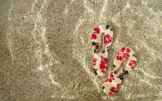 Sommer- Szene mit Blumen- Hausschuhe auf Sand im Wasser. Sonne und Schatten. minimal Sommer- Konzept. modisch Sommer- Ferien Idee. foto