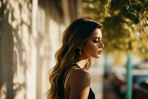 ai generiert atemberaubend schön jung Frau mit hoch Kontrast Schatten und modisch Stil foto
