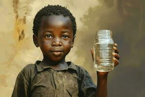 ai generiert Porträt Kind von Afrika trinken Wasser von Becher , Nahansicht. Trockenheit, Mangel von Wasser Problem foto